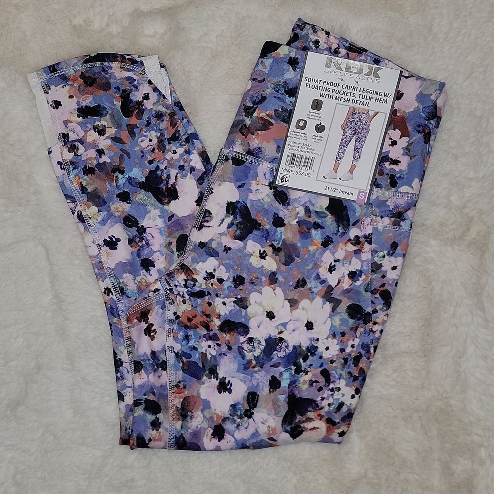 RBX Live Life Active Squat Proof Capri Legging w Floating Pockets Tulip Hem Sz S